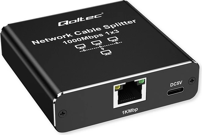 Switch i vogël Qoltec 52294, 3 porta RJ45, 1Gb/s, alumini, USB-C