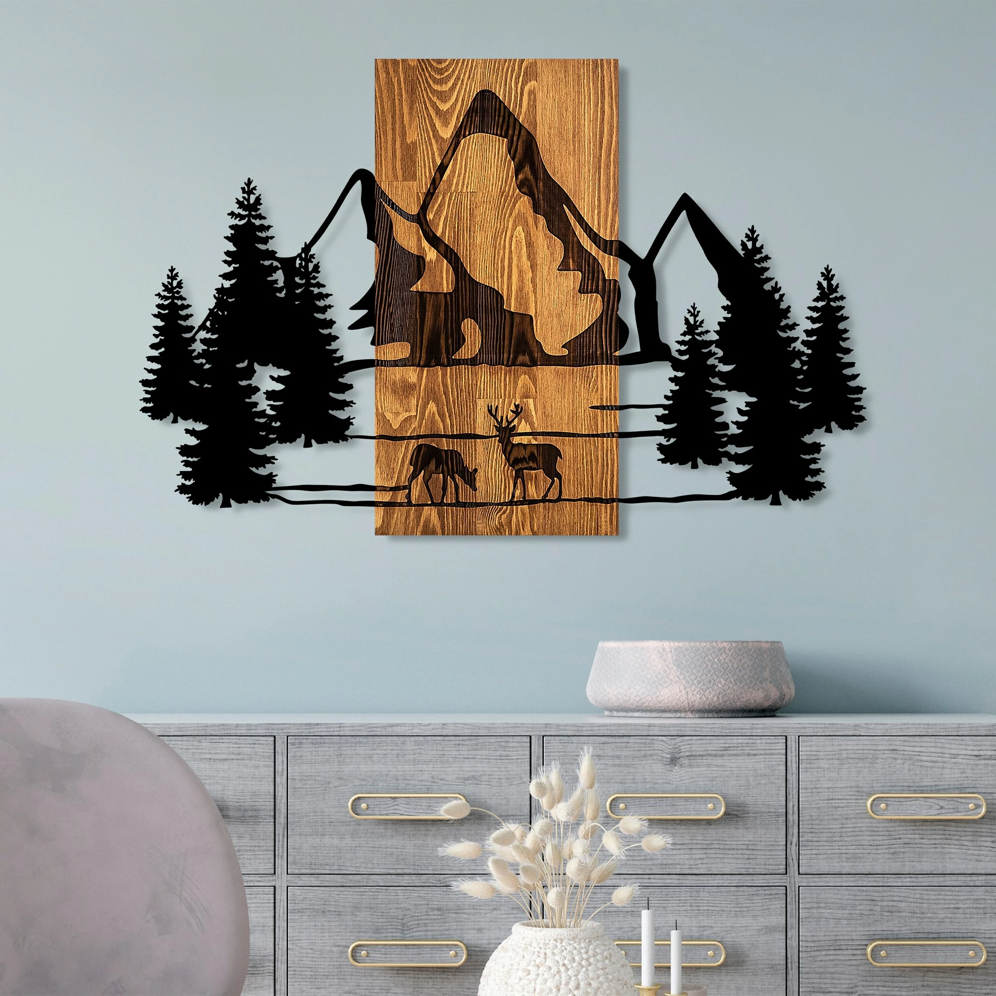 Aksesor dekorativ muri prej druri, Wallity, Habitat natyral, ngjyrë arre dhe e zezë, 57x88cm