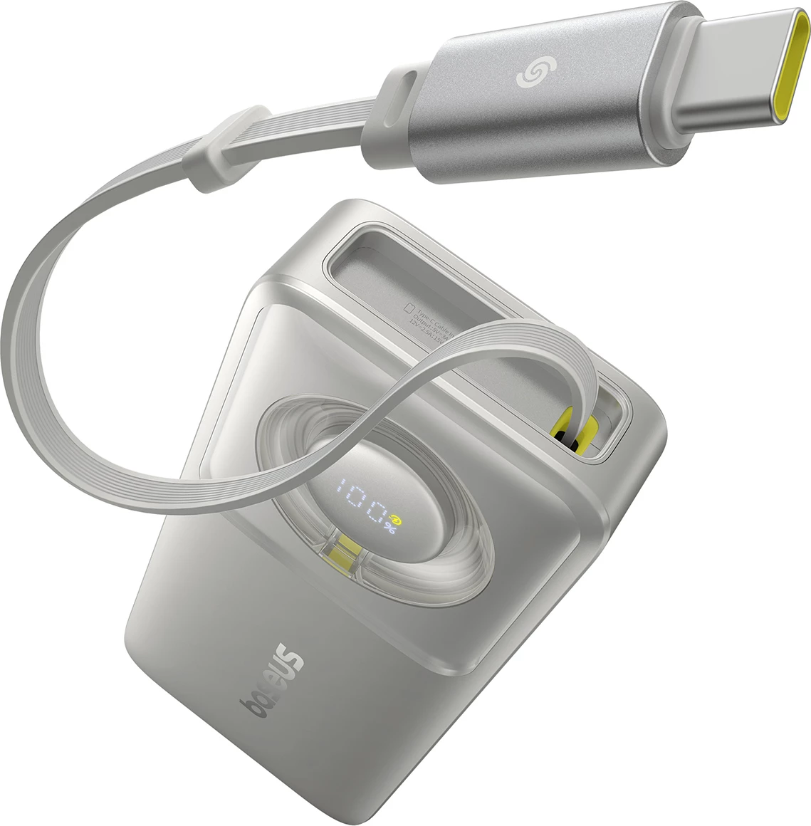 Powerbank Baseus Free2Pull 10000mAh, 30W, USB-C, me kabllo tërheqëse, Gri
