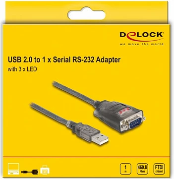 Adapter USB në Serial RS-232 DeLOCK, USB-A në DB9 9-pin, 1 m, me LED, i zi