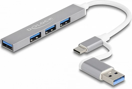 USB hub DeLOCK 4 porta, Type-C/Type-A, 3x USB 2.0, 1x USB 3.0, argjend