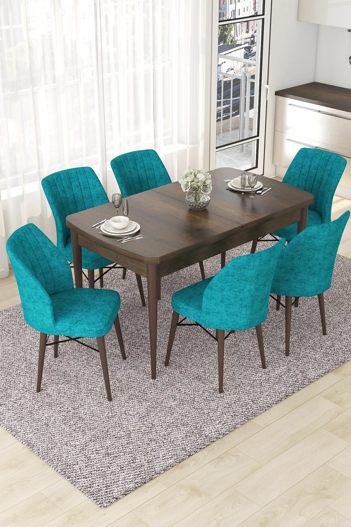 Set tavoline me karrige për ngrënie, zgjatës, 7 copë, Skye Decor, ngjyrë barok dhe tyrkiz
