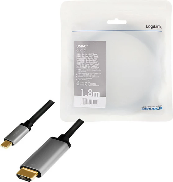 Kabel USB-C LogiLink 3.2 Gen1 në HDMI, 4K, 1.8 m, alumini, gri