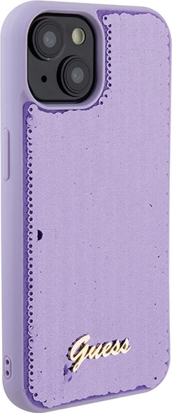 Mbështjellës Guess Sequin Script Metal për iPhone 15, vjollcë