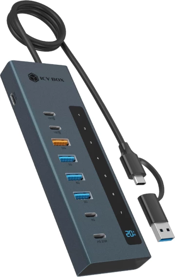 Hub USB-C/A ICYBOX IB-HUB1743-CPD 9-në-1, 10 Gbit/s, Power Delivery deri 100 W, alumin, kaltër