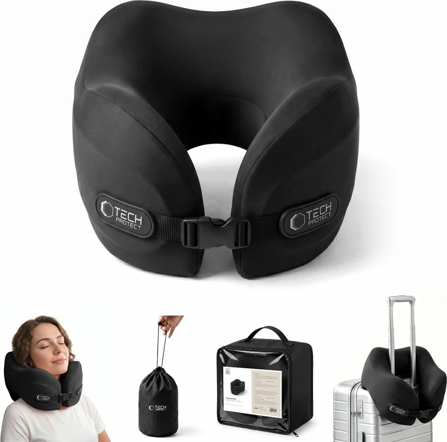 Jastëk udhëtimi për qafë Tech-Protect ComfortRest me memory foam, set 3 pjesë, i zi
