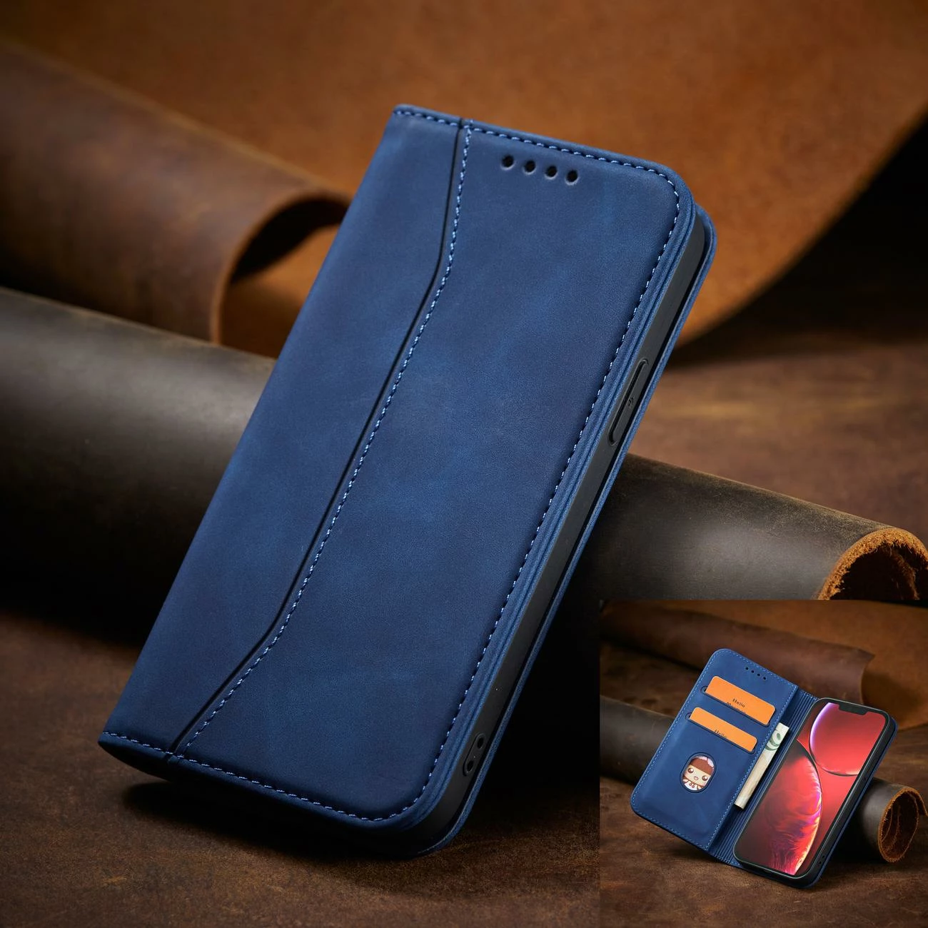 Mbështjellës Hurtel Magnet Fancy Case për iPhone 13 Pro Max, me portofol, mbajtës, kaltër