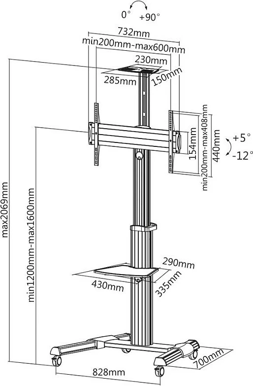 Mbajtës dyshemeje për TV/monitor ROLINE, 37-70", VESA 200x200-600x400, deri 50 kg, me rrota, argjend