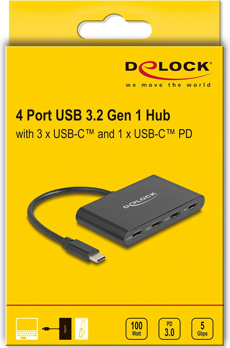 Hub USB-C DeLOCK USB 3.2 Gen 1, 4x USB-C (3x data + PD 100W), 5Gbps, i zi