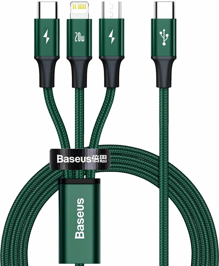 Kabllo 3-në-1 Baseus Rapid Series CAMLT-SC06, 1.5m, 20W, USB-C/Lightning/micro USB, e gjelbër