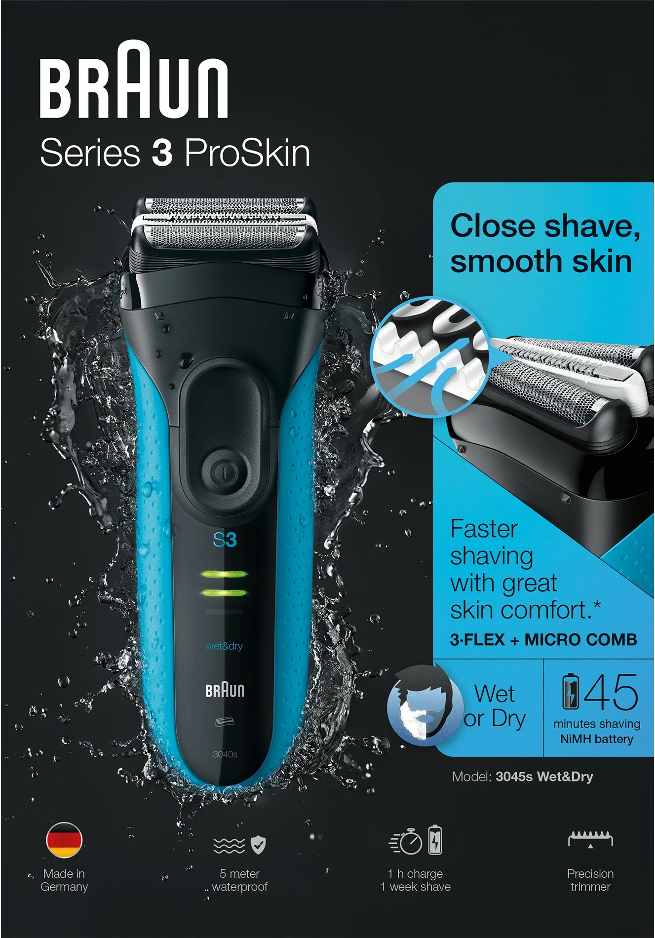 Makinë rroje Braun Series 3 ProSkin 3045s, Foil shaver, LED, NiMH, e zezë, blu