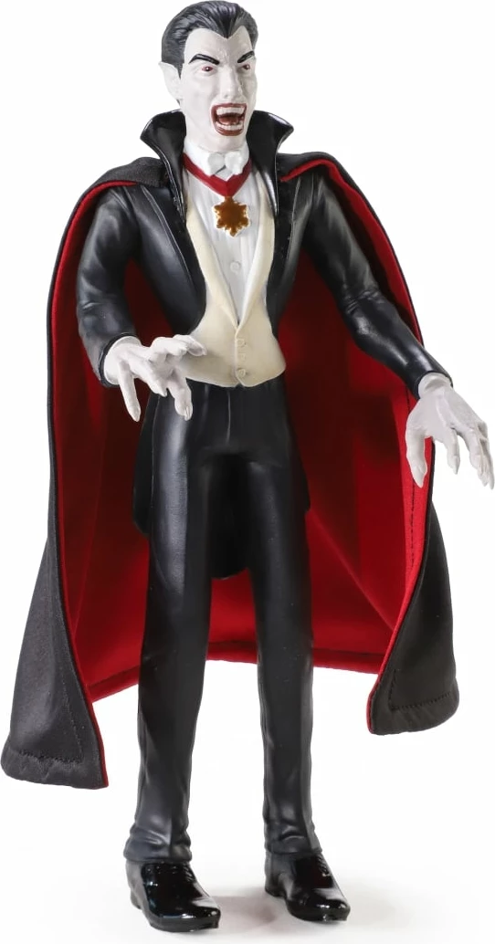 Figurinë Noble Collection Bendyfigs Universal Monsters Dracula 19 cm me pelerinë dhe stand, e zezë/kuqe
