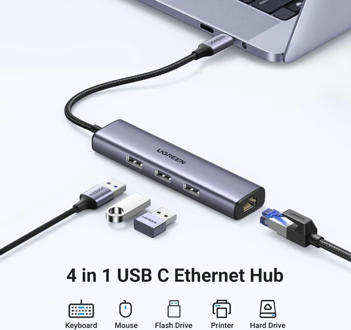 Hub USB-C UGREEN 60600 4-në-1 (3x USB 3.0, Gigabit Ethernet RJ45), gri metalike