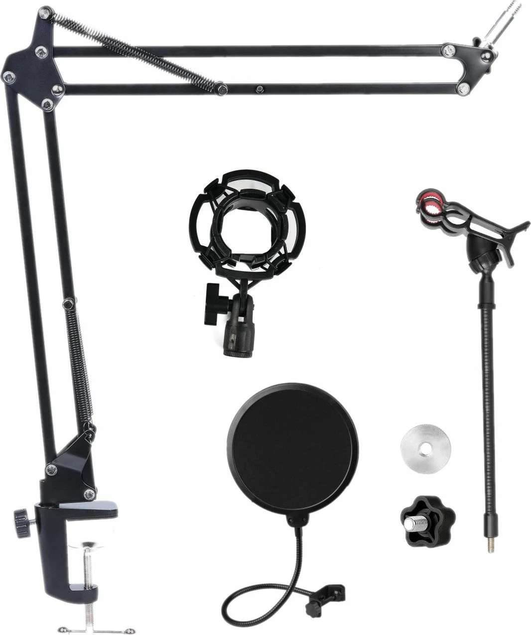 Set aksesorësh për mikrofon Mozos MKIT-DESK, mbajtëse tavoline me krah, pop filter, shock mount, mbajtëse telefoni, e zezë