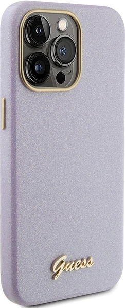 Mbështjellës Guess Glitter Glossy Script për iPhone 15 Pro, vjollcë