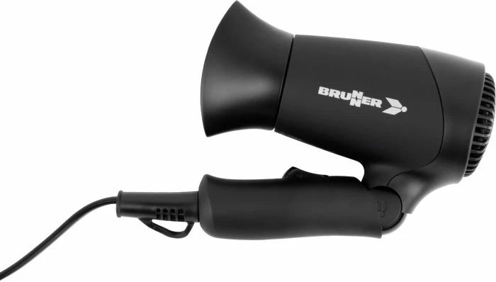Tharëse flokësh udhëtimi BRUNNER Monsun 7202818N, 12V 120W, e palosshme, me prizë çakmaku, e zezë, me çantë
