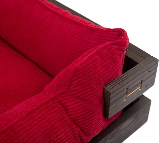 Harley & Cho Shtrati për kafshët "Dreamer Wood" prej druri (L, i kaftë + kadife e kuqe)