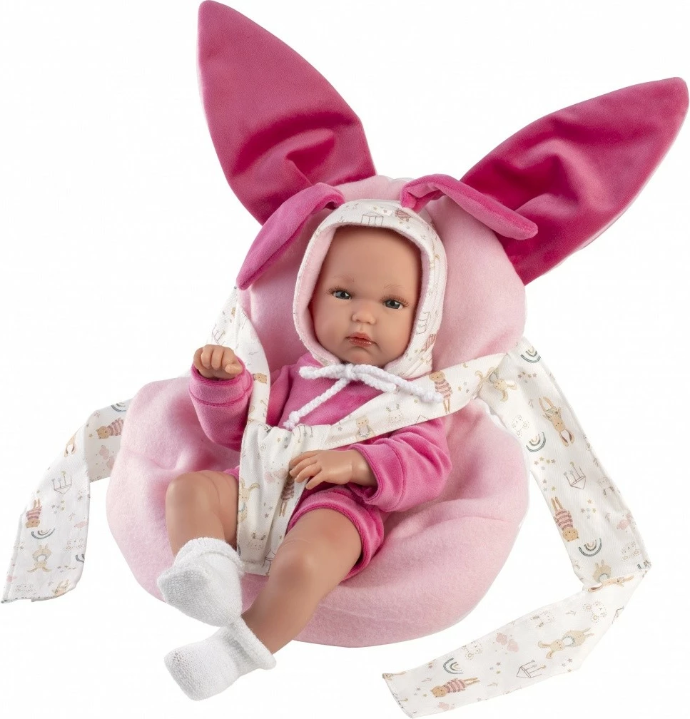 Kukull foshnje vinili, Llorens 63506 Bimba, 35 cm, set me veshje 3-pjesëshe dhe mbajtëse, rozë
