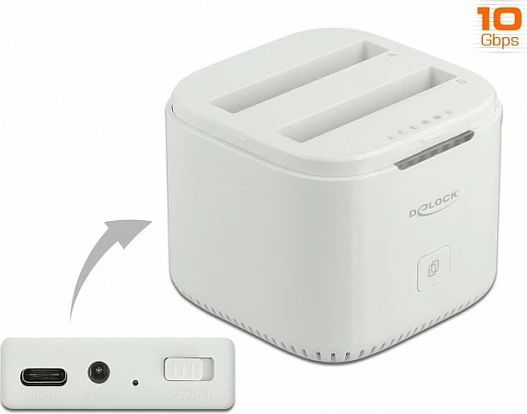 Docking station DeLOCK USB-C 3.2 Gen 2, për 2x 2.5" SATA HDD/SSD, Clone, e bardhë