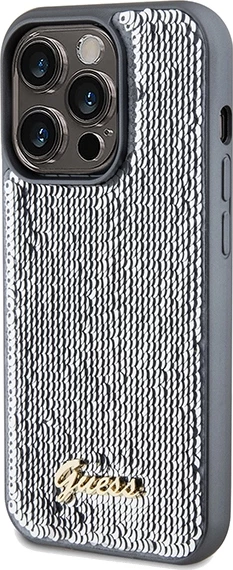 Mbështjellës Guess Sequin Script Metal për iPhone 14 Pro, argjend