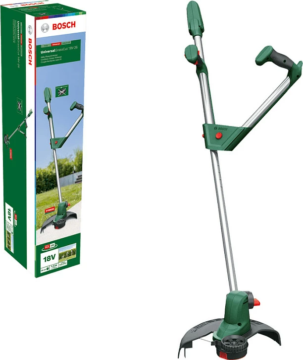 Trimer bari me bateri Bosch UniversalGrassCut 18V-26, 26 cm, 18V 2Ah, teleskopik, gjelbër/zi