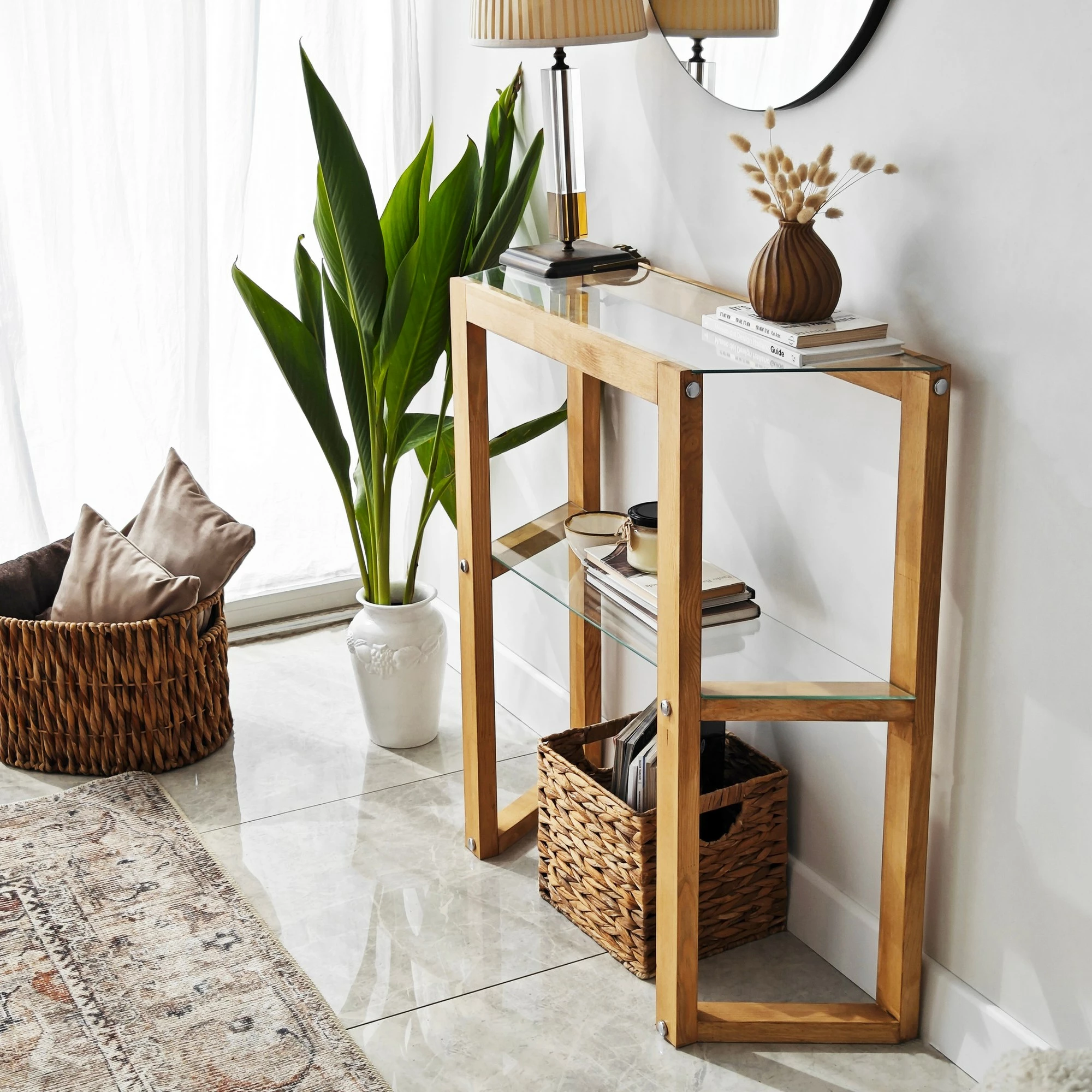 Komodë Hanah Home, formë trapezi, ngjyrë lisi