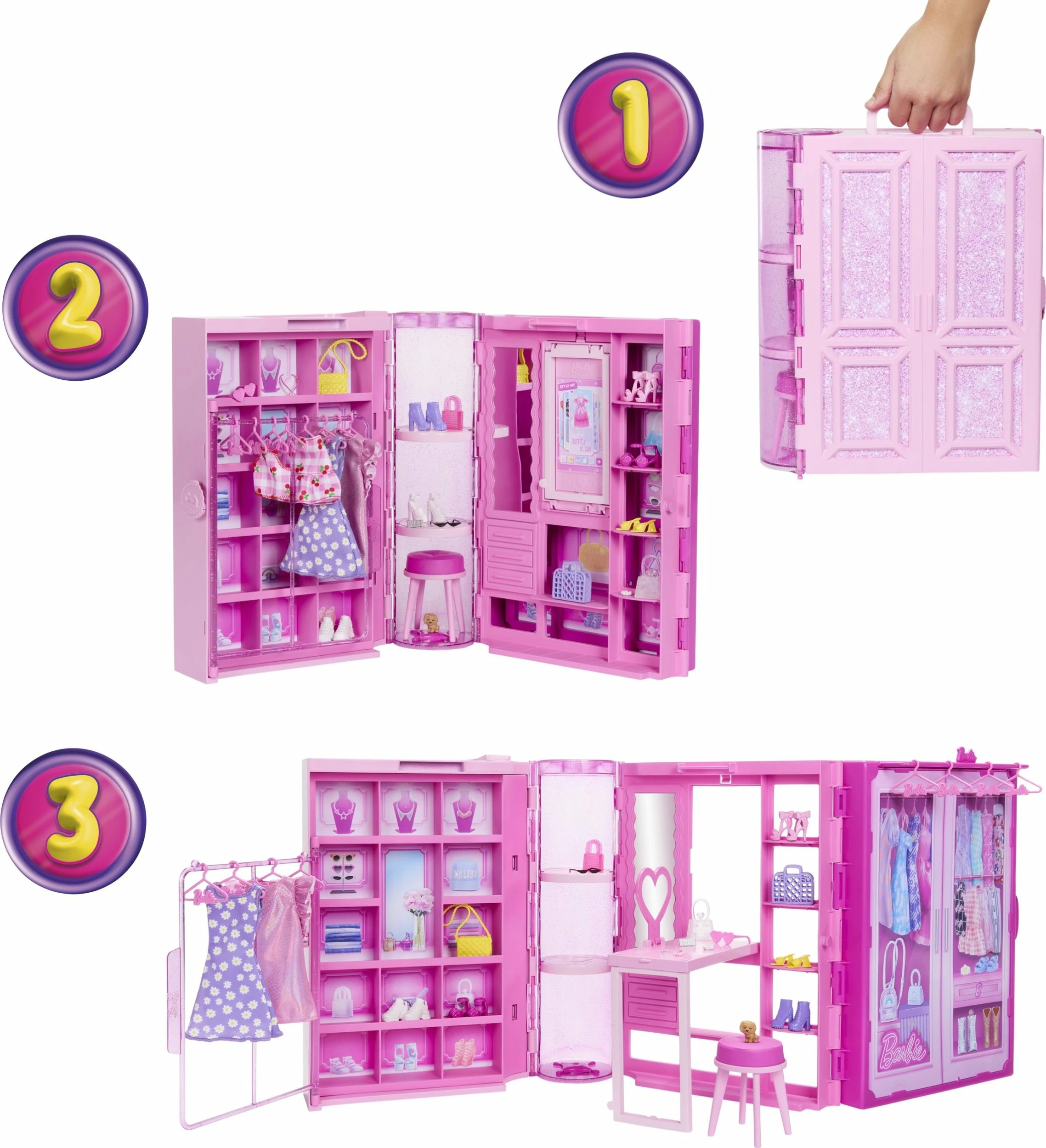Garderobë për Barbie Mattel Dream Closet 3.0 HXD58, 90 cm, 25+ pjesë, rozë, set me kukull dhe aksesorë