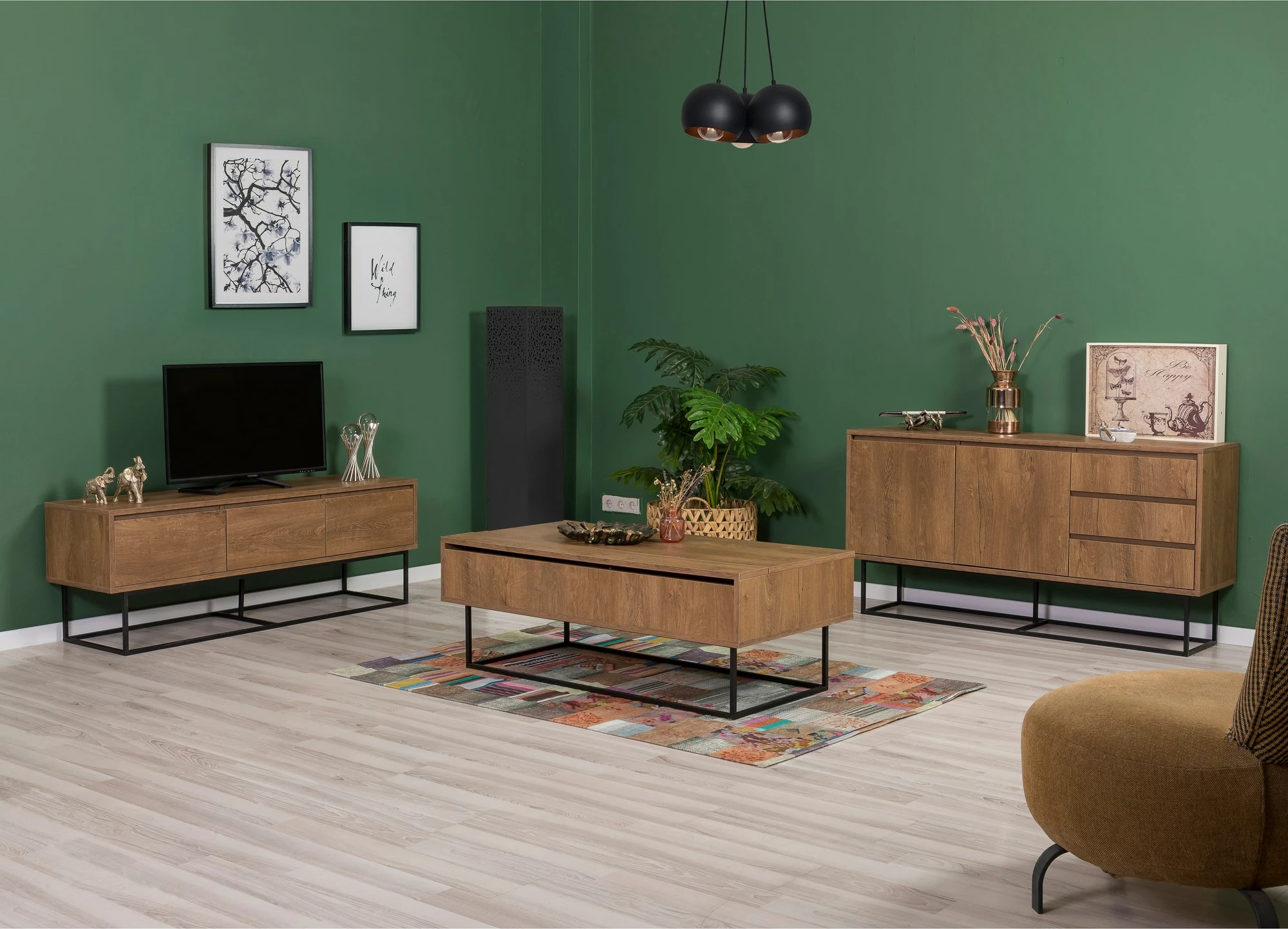 Set mobiljesh për dhomë dite, ngjyrë arre dhe e zezë, Skye Decor, Laxus Takım 17