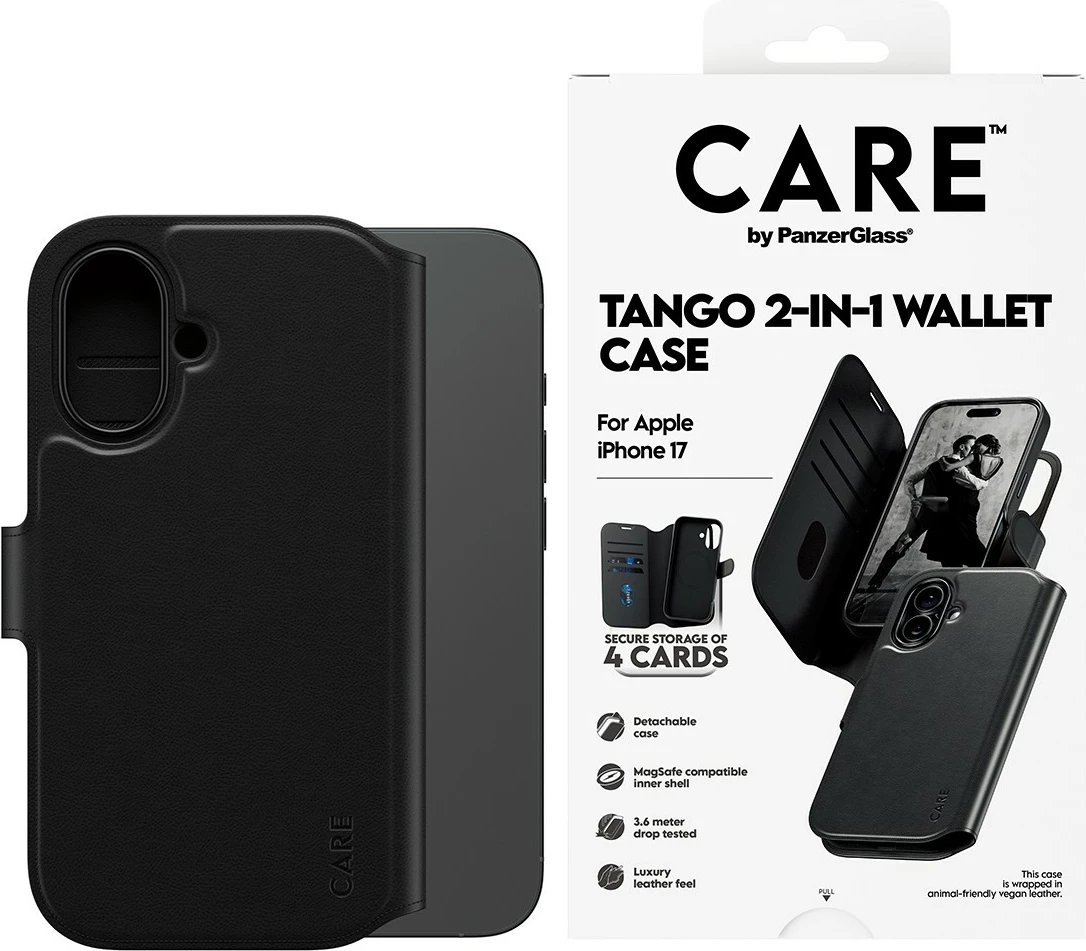 Mbështjellës PanzerGlass CARE Feature Case Tango 2in1 Wallet MagSafe për iPhone 17, i zi