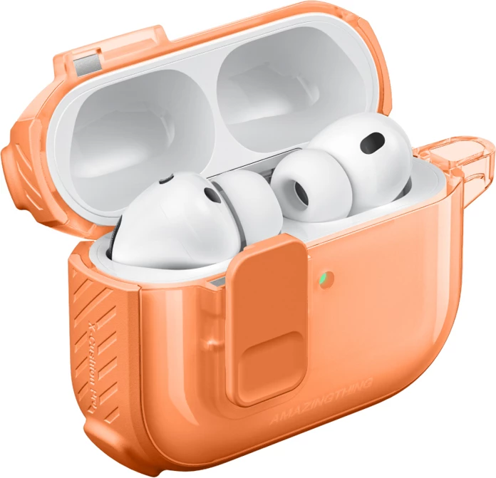 Mbështjellës për kufje, AmazingThing, Titan Pro Mag Case Clear për AirPods Pro 3, me karabiner, kompatibil me karikim wireless, portë me bllokim të brendshëm, port kundër goditjeve PC/TPU, portokalli