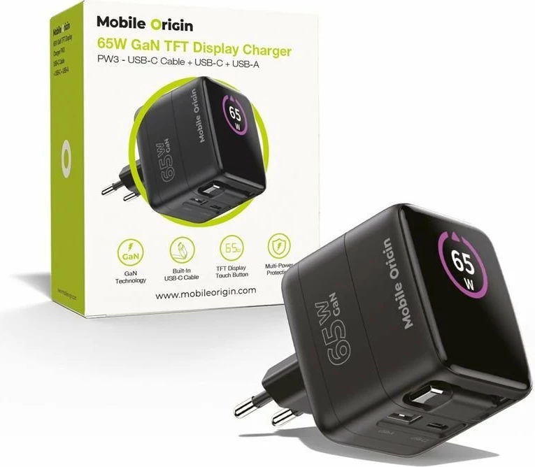 Karikues Mobile Origin PW3 (MO-65WDCH-PW3) 65W GaN, TFT display, 1x USB-A + 1x USB-C, kabllo USB-C e integrume, i zi